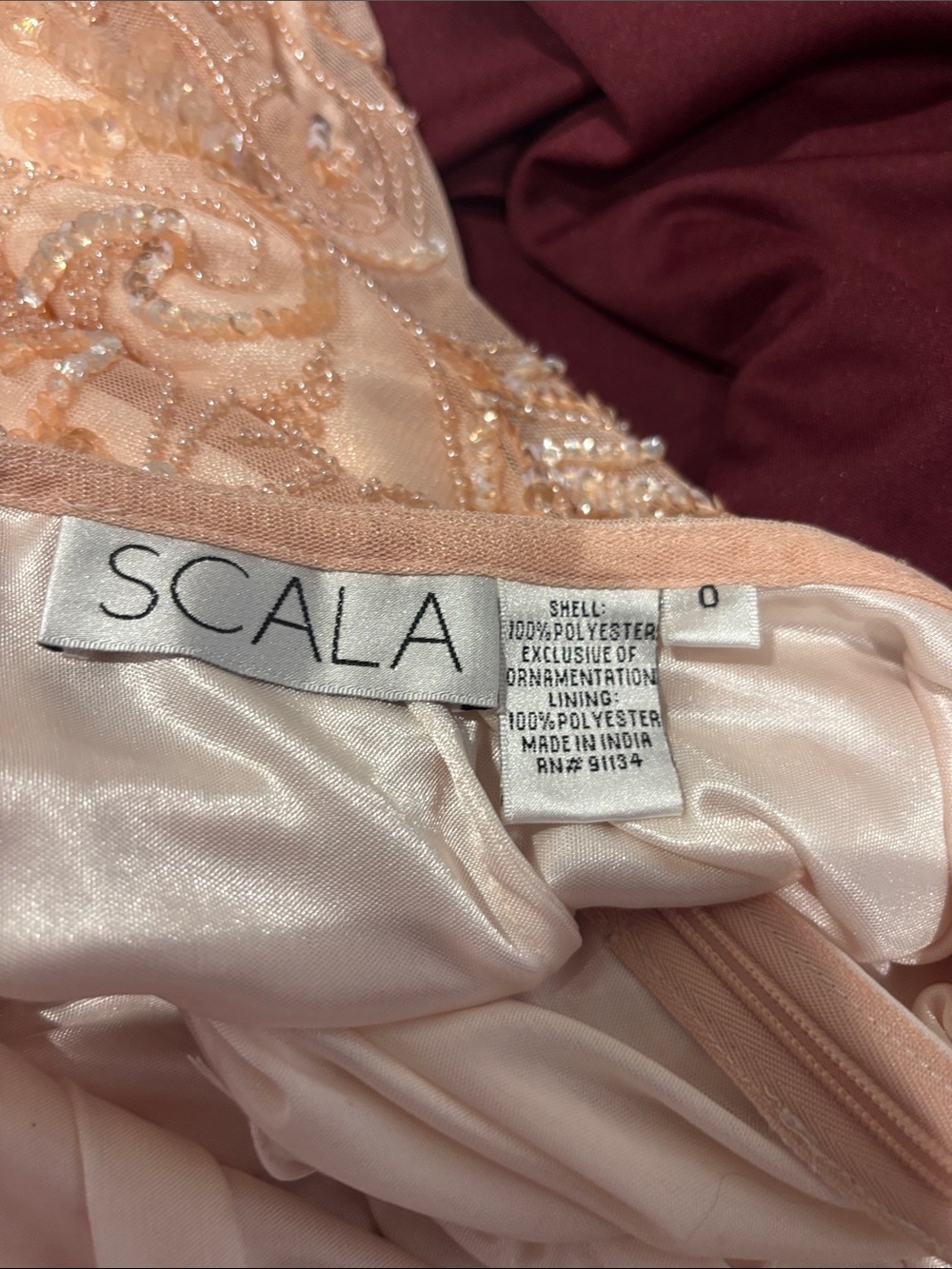 Scala Peach Beaded Spaghetti Strap Prom Dress - Picture 5 of 8